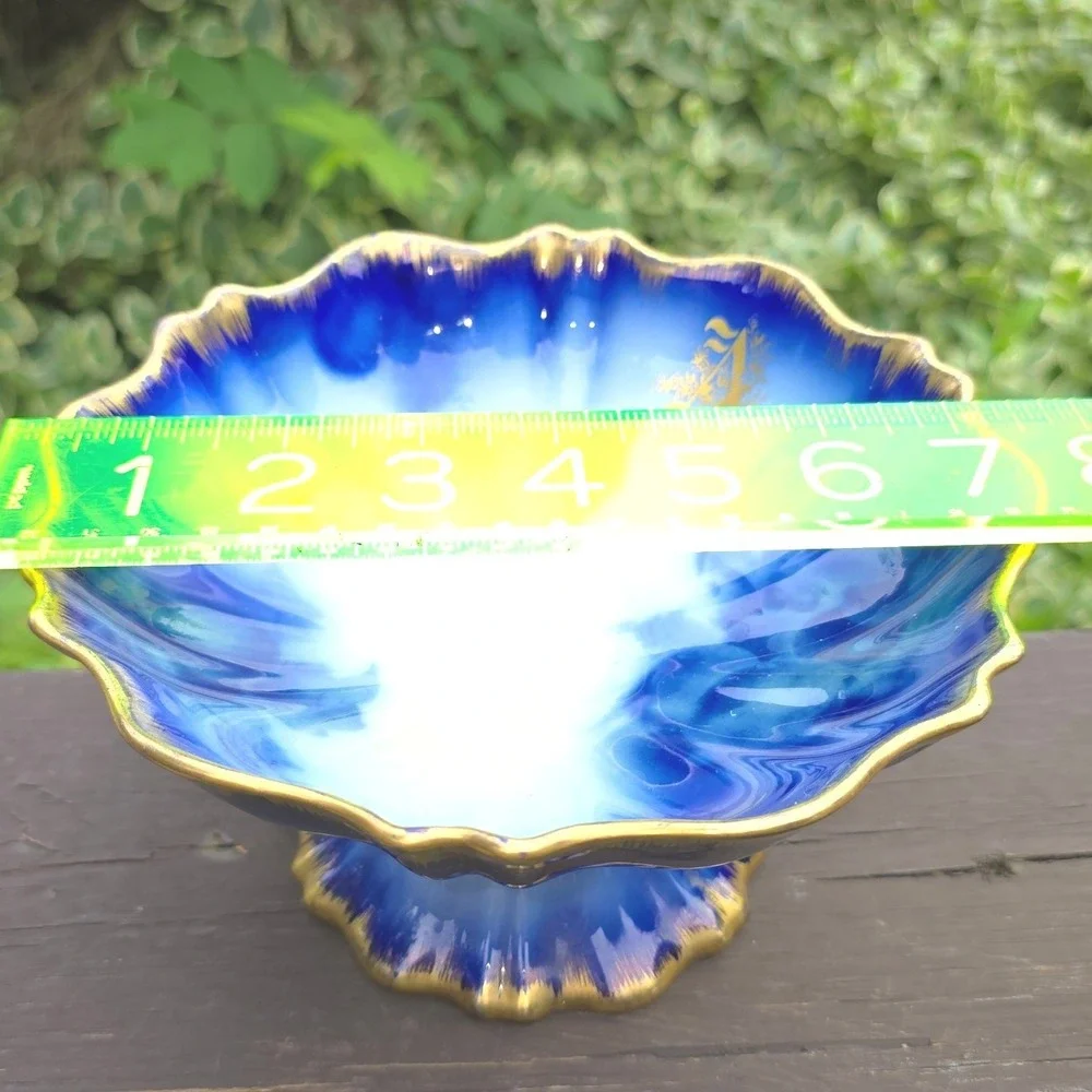 Antique Flow Blue Porcelain Pedestal Compote Bowl Gold Monogram A Scalloped